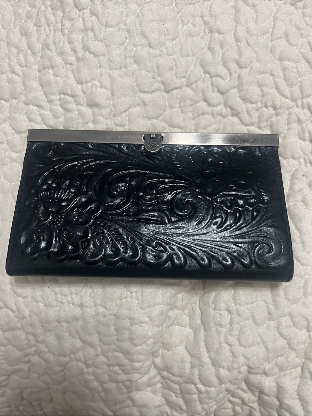 Patricia Nash Black Embossed Floral Leather Wallet with Silver Frame